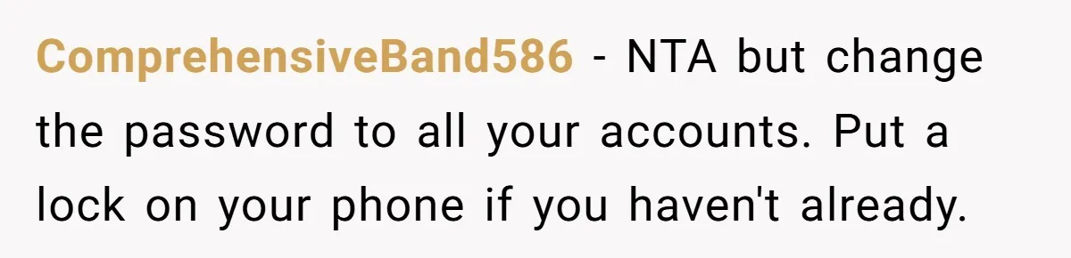 ComprehensiveBand586 − NTA but change the password to all your accounts. Put a lock on your phone if you haven't already.