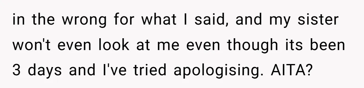 in the wrong for what I said, and my sister won't even look at me even though its been 3 days and I've tried apologising. AITA?