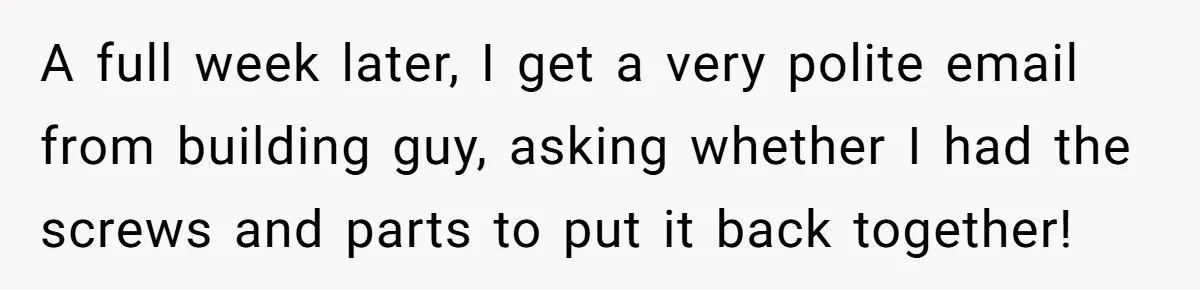 A full week later, I get a very polite email from building guy, asking whether I had the screws and parts to put it back together!