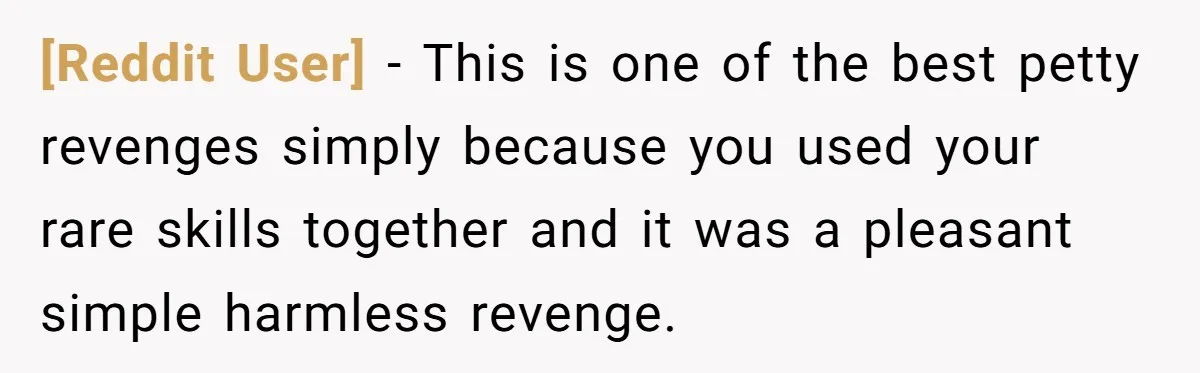 [Reddit User] − This is one of the best petty revenges simply because you used your rare skills together and it was a pleasant simple harmless revenge.