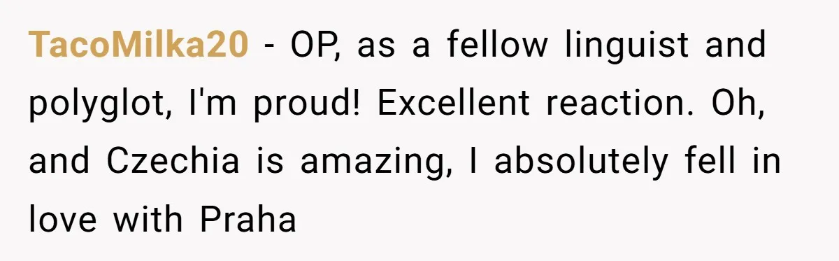 TacoMilka20 − OP, as a fellow linguist and polyglot, I'm proud! Excellent reaction. Oh, and Czechia is amazing, I absolutely fell in love with Praha