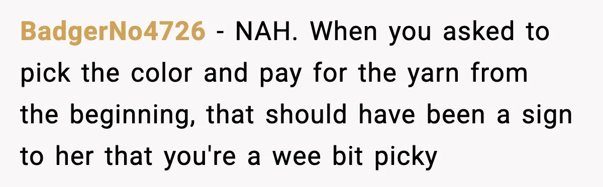 Woman Dyes Handmade Sweater, SIL Says She “Wasted” Expensive Yarn BadgerNo4726 - NAH. When you asked to pick the color and pay for the yarn from the beginning, that should have been a sign to her that you're a wee...