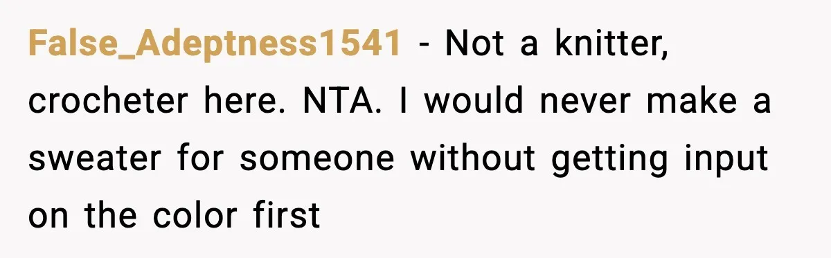 False_Adeptness1541 - Not a knitter, crocheter here. NTA. I would never make a sweater for someone without getting input on the color first
