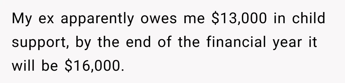 She Considered Helping Her Ex Avoid a Travel Ban, Even Though He Owed $16,000 in Child Support My ex apparently owes me $13,000 in child support, by the end of the financial year it will be $16,000.