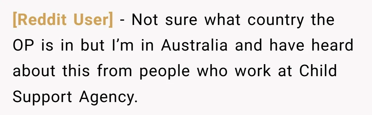 [Reddit User] − Not sure what country the OP is in but I’m in Australia and have heard about this from people who work at Child Support Agency.