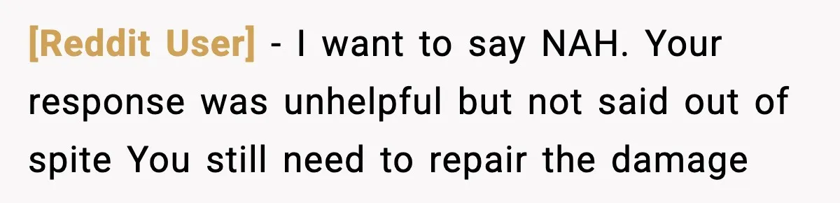 [Reddit User] - I want to say NAH. Your response was unhelpful but not said out of spite You still need to repair the damage