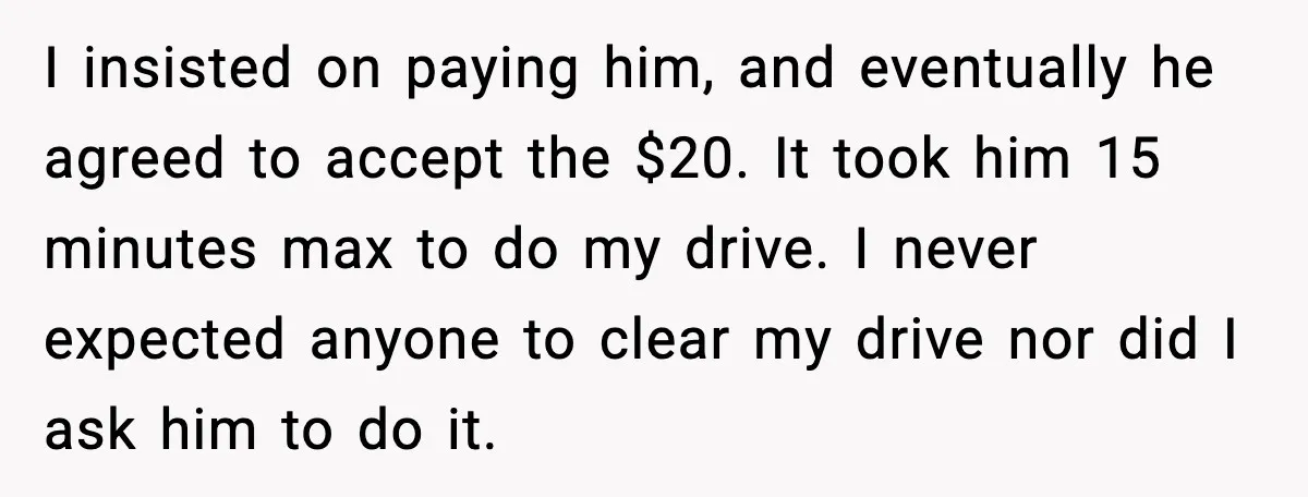 I insisted on paying him, and eventually he agreed to accept the $20. It took him 15 minutes max to do my drive. I never expected anyone to clear my...