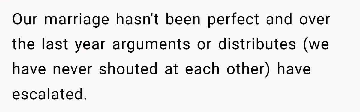 Our marriage hasn't been perfect and over the last year arguments or distributes (we have never shouted at each other) have escalated.