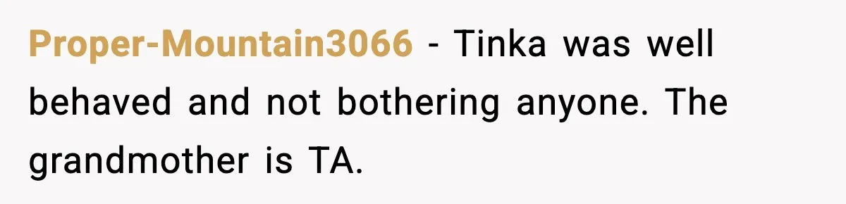Proper-Mountain3066 - Tinka was well behaved and not bothering anyone. The grandmother is TA.