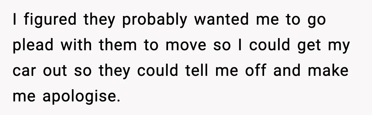 I figured they probably wanted me to go plead with them to move so I could get my car out so they could tell me off and make me apologise.