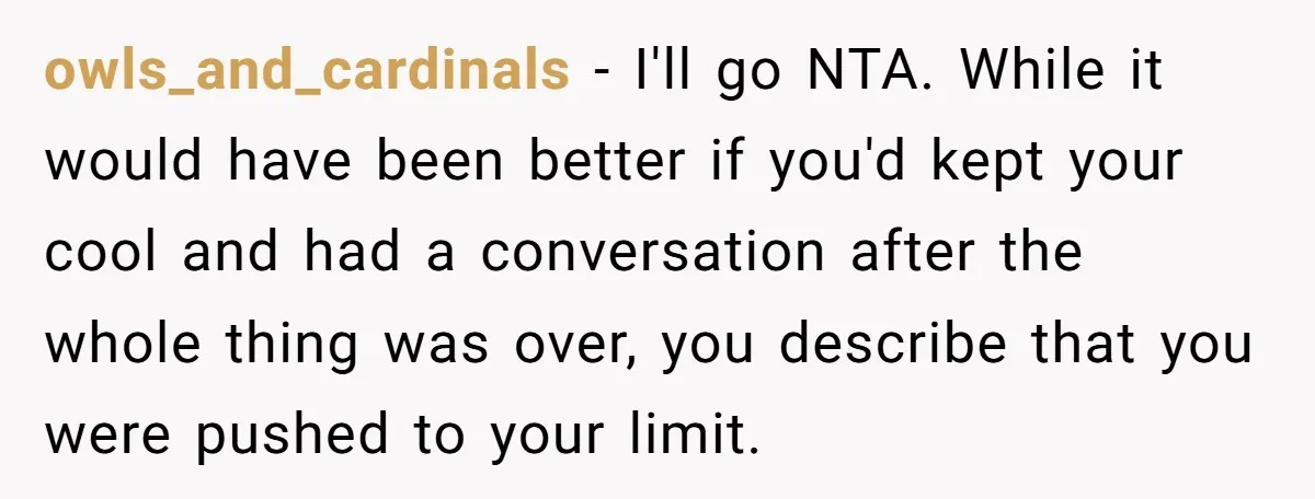 owls_and_cardinals − I'll go NTA. While it would have been better if you'd kept your cool and had a conversation after the whole thing was over, you describe that you...