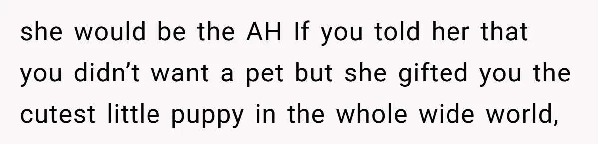 she would be the AH If you told her that you didn’t want a pet but she gifted you the cutest little puppy in the whole wide world,