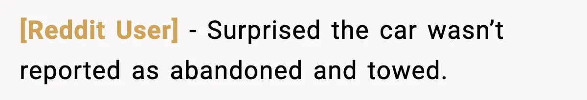 [Reddit User] - Surprised the car wasn’t reported as abandoned and towed.