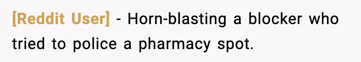 [Reddit User] - Horn-blasting a blocker who tried to police a pharmacy spot.