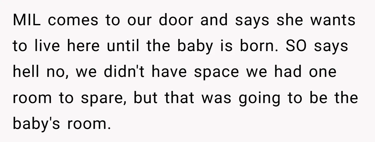 MIL comes to our door and says she wants to live here until the baby is born. SO says hell no, we didn't have space we had one room to...