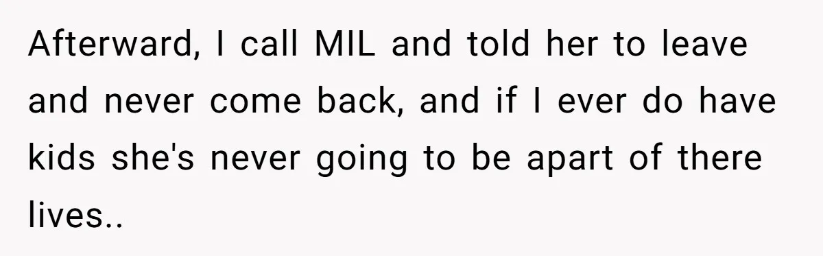 Afterward, I call MIL and told her to leave and never come back, and if I ever do have kids she's never going to be apart of there lives..