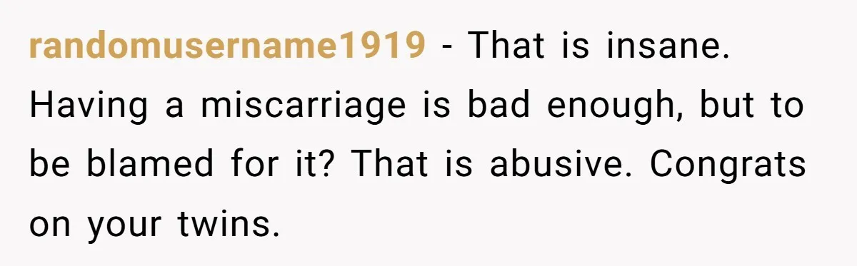 randomusername1919 − That is insane. Having a miscarriage is bad enough, but to be blamed for it? That is abusive. Congrats on your twins.