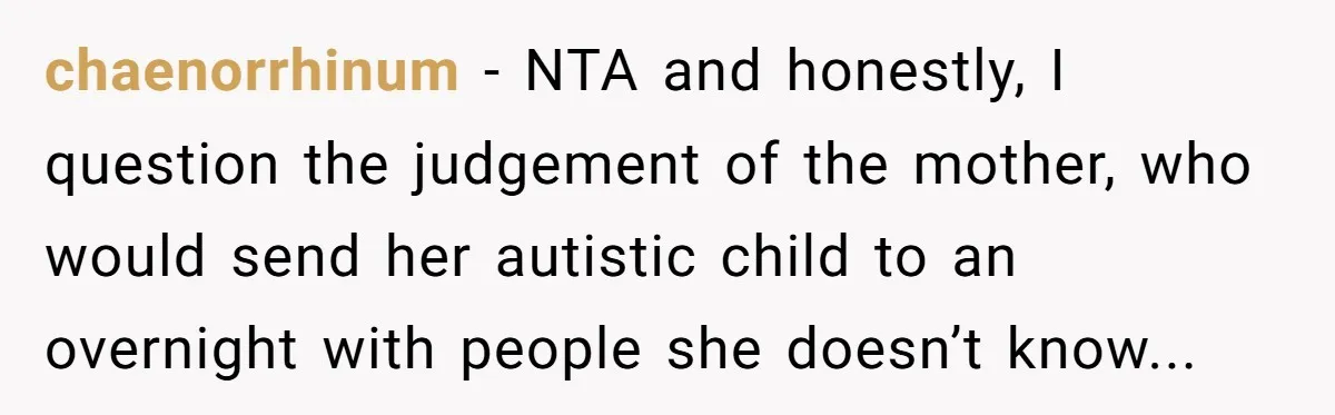 chaenorrhinum − NTA and honestly, I question the judgement of the mother, who would send her autistic child to an overnight with people she doesn’t know...