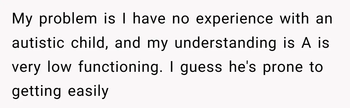 My problem is I have no experience with an autistic child, and my understanding is A is very low functioning. I guess he's prone to getting easily