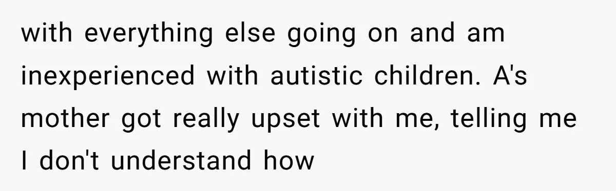 with everything else going on and am inexperienced with autistic children. A's mother got really upset with me, telling me I don't understand how