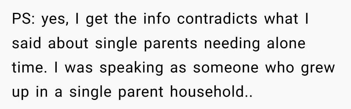 PS: yes, I get the info contradicts what I said about single parents needing alone time. I was speaking as someone who grew up in a single parent household..