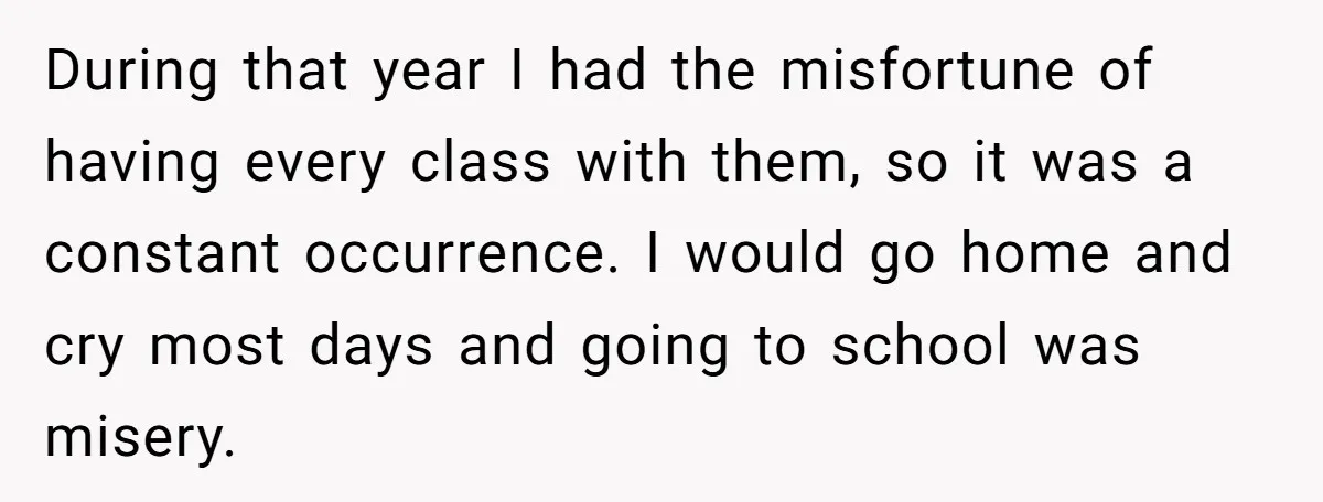 During that year I had the misfortune of having every class with them, so it was a constant occurrence. I would go home and cry most days and going to...