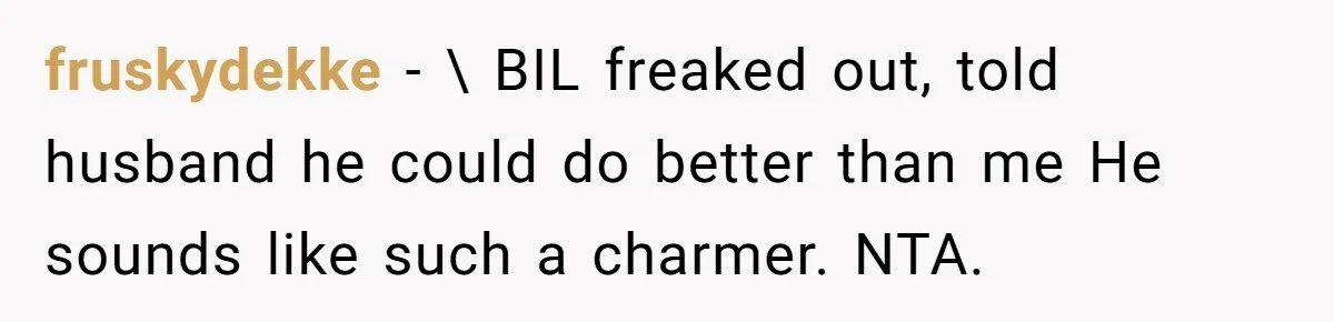 fruskydekke − \ BIL freaked out, told husband he could do better than me He sounds like such a charmer. NTA.