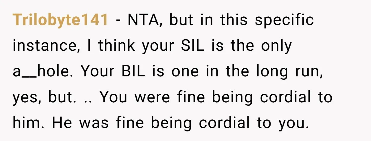 Trilobyte141 − NTA, but in this specific instance, I think your SIL is the only a__hole. Your BIL is one in the long run, yes, but. .. You were fine...