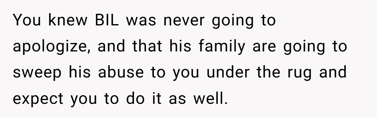 You knew BIL was never going to apologize, and that his family are going to sweep his abuse to you under the rug and expect you to do it as...