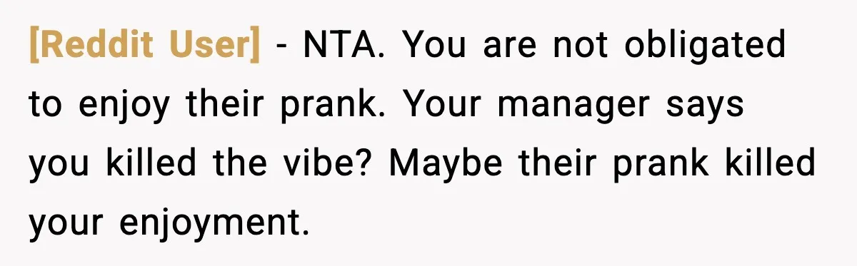 [Reddit User] - NTA. You are not obligated to enjoy their prank. Your manager says you killed the vibe? Maybe their prank killed your enjoyment.