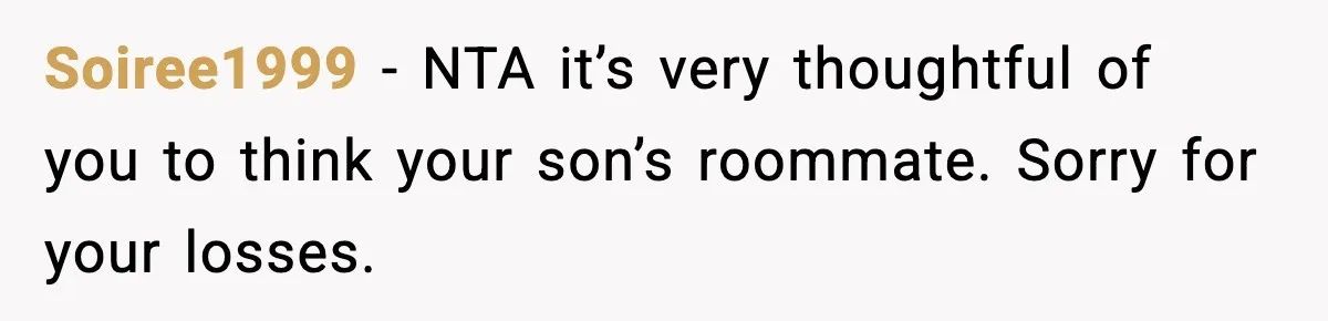 Soiree1999 - NTA it’s very thoughtful of you to think your son’s roommate. Sorry for your losses.