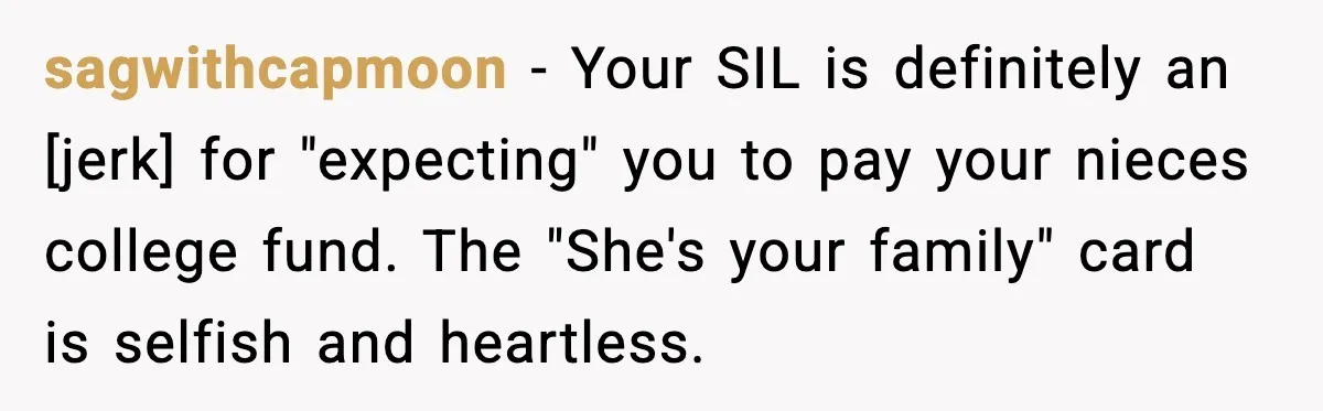 sagwithcapmoon - Your SIL is definitely an [jerk] for "expecting" you to pay your nieces college fund. The "She's your family" card is selfish and heartless.