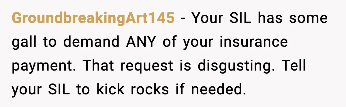 GroundbreakingArt145 - Your SIL has some gall to demand ANY of your insurance payment. That request is disgusting. Tell your SIL to kick rocks if needed.