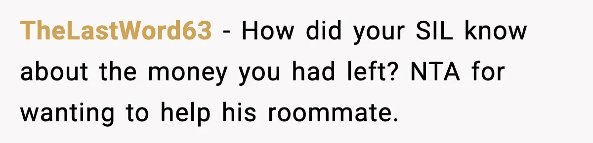 TheLastWord63 - How did your SIL know about the money you had left? NTA for wanting to help his roommate.