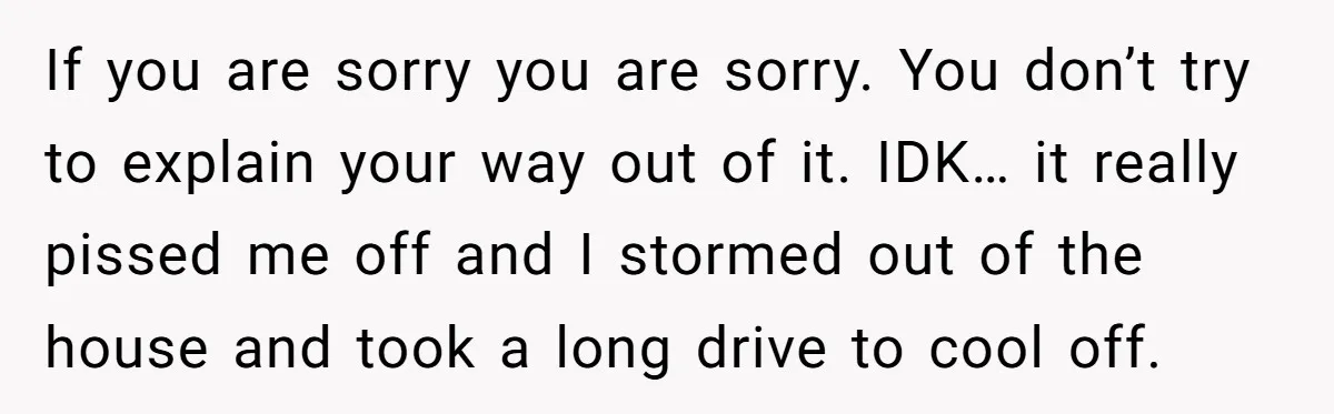 If you are sorry you are sorry. You don’t try to explain your way out of it. IDK… it really pissed me off and I stormed out of the house...