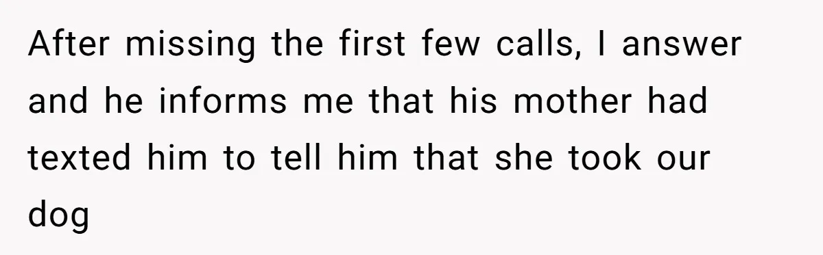 Mom-in-Law Leaves the House But Decides to "Pack" the Family Dog After missing the first few calls, I answer and he informs me that his mother had texted him to tell him that she took our dog