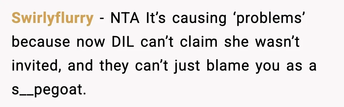 Swirlyflurry - NTA It’s causing ‘problems’ because now DIL can’t claim she wasn’t invited, and they can’t just blame you as a s__pegoat.
