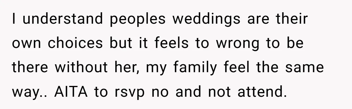 I understand peoples weddings are their own choices but it feels to wrong to be there without her, my family feel the same way.. AITA to rsvp no and not...