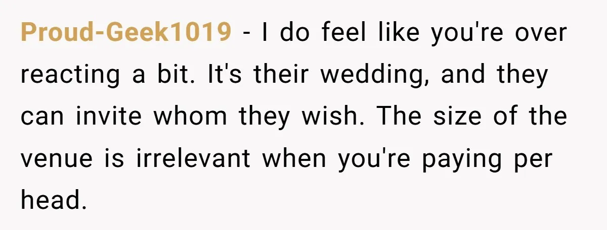 Proud-Geek1019 − I do feel like you're over reacting a bit. It's their wedding, and they can invite whom they wish. The size of the venue is irrelevant when you're...