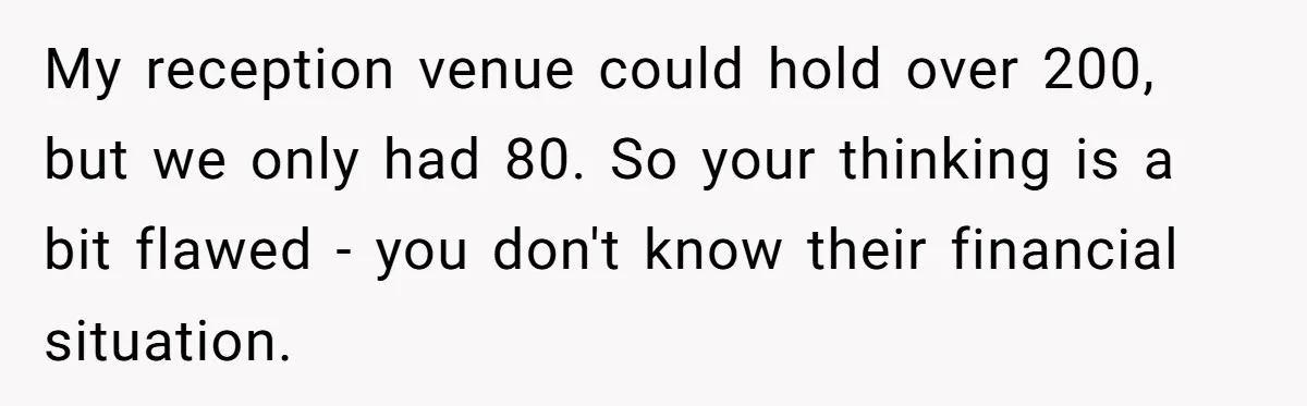My reception venue could hold over 200, but we only had 80. So your thinking is a bit flawed - you don't know their financial situation.