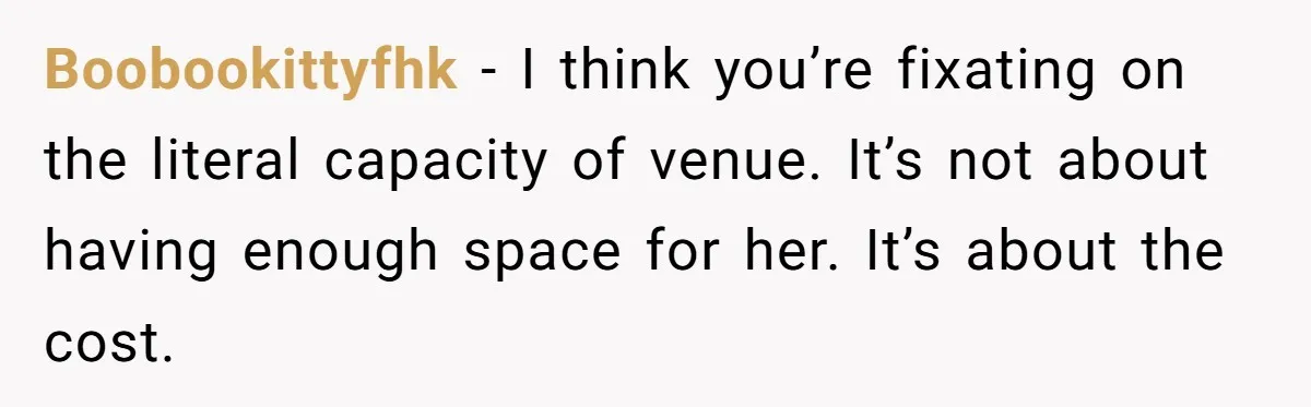 Boobookittyfhk − I think you’re fixating on the literal capacity of venue. It’s not about having enough space for her. It’s about the cost.