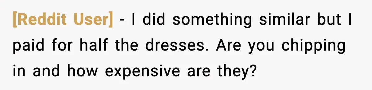 [Reddit User] - I did something similar but I paid for half the dresses. Are you chipping in and how expensive are they?