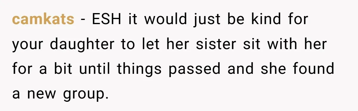 camkats − ESH it would just be kind for your daughter to let her sister sit with her for a bit until things passed and she found a new group.
