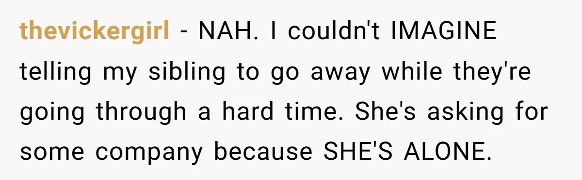 thevickergirl − NAH. I couldn't IMAGINE telling my sibling to go away while they're going through a hard time. She's asking for some company because SHE'S ALONE.