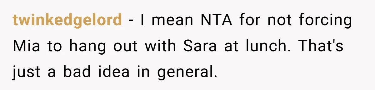 twinkedgelord − I mean NTA for not forcing Mia to hang out with Sara at lunch. That's just a bad idea in general.