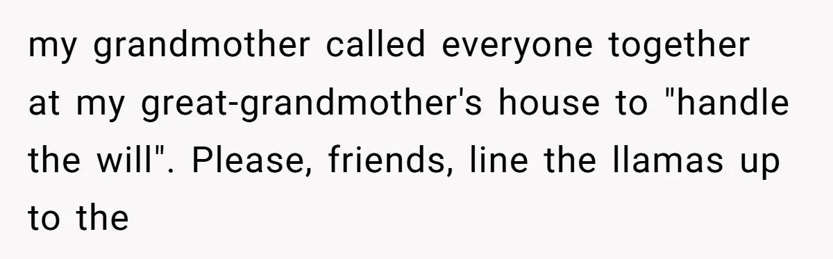 my grandmother called everyone together at my great-grandmother's house to "handle the will". Please, friends, line the llamas up to the