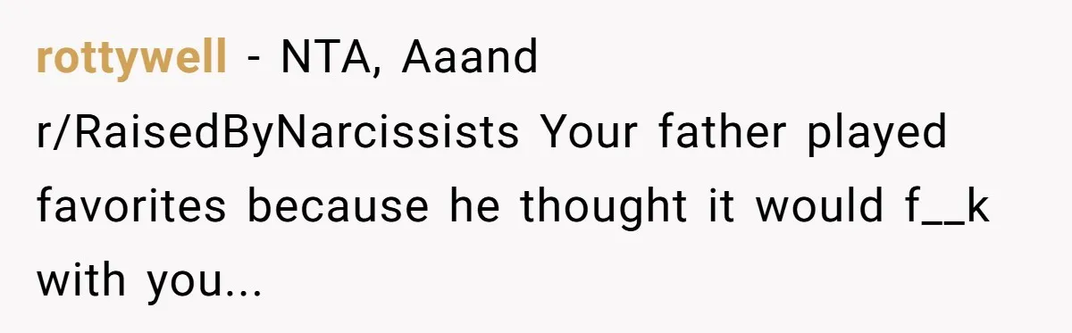 rottywell − NTA, Aaand r/RaisedByNarcissists Your father played favorites because he thought it would f__k with you...