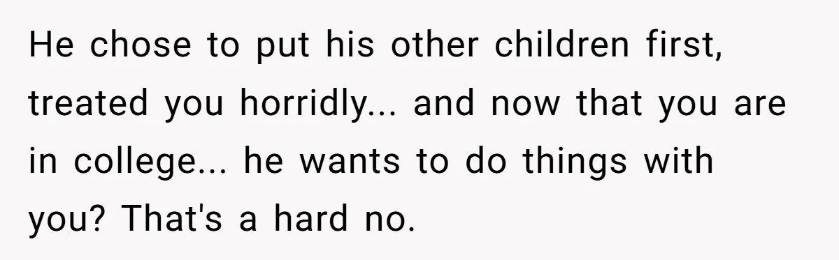 He chose to put his other children first, treated you horridly... and now that you are in college... he wants to do things with you? That's a hard no.