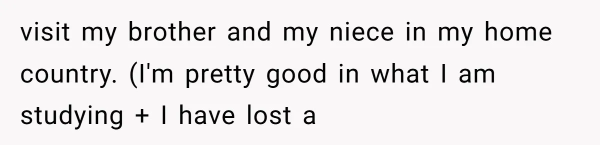 visit my brother and my niece in my home country. (I'm pretty good in what I am studying + I have lost a