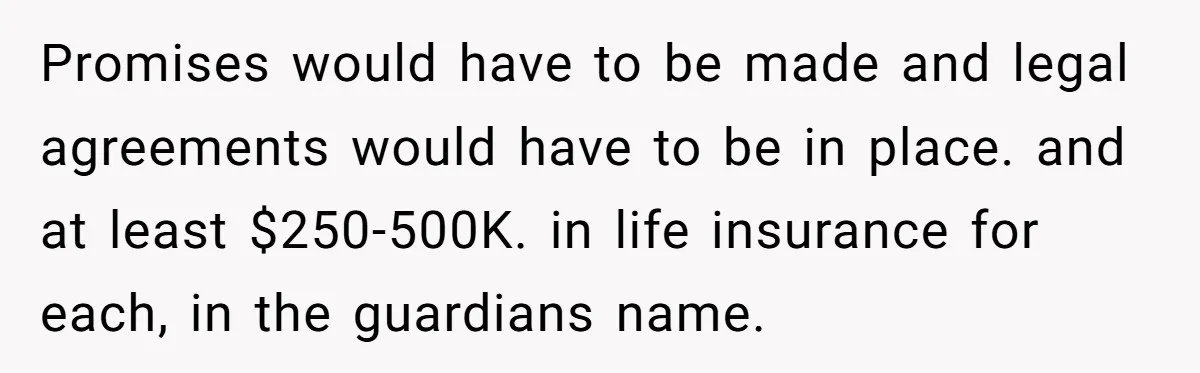 20-Year-Old Daughter Denies Being Last-Resort Guardian for Three Younger Half-Siblings Promises would have to be made and legal agreements would have to be in place. and at least $250-500K. in life insurance for each, in the guardians name.